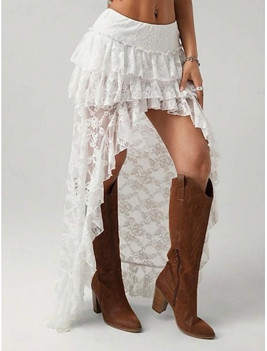  Damen Spitzenrock Mode Sexy Lässig Asymmetrisch Mittlere Hüfthöhe Röcke Spitze Unelastisch Täglich Strand Aprikose Schwarz Weiß Sommer Polyester