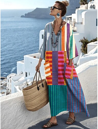  Dames Maxi Jurk Linnenachtig Ademend Lichtgewicht Zonnige A-lijn Jurk Vakantie Casual Boho Strand Uitgaan Bloemige Grafiek Geometrisch Lange Mouw V-hals Blauw Rood Luchtblauw Oranje Zomer Lente