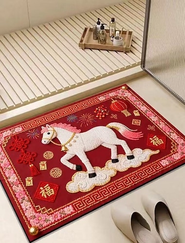  Rote Badematte zum chinesischen Neujahr, Jahr des Pferdes, weiche Kieselgurmatte, festlich, saugfähig, rutschfest, für WC und Dusche