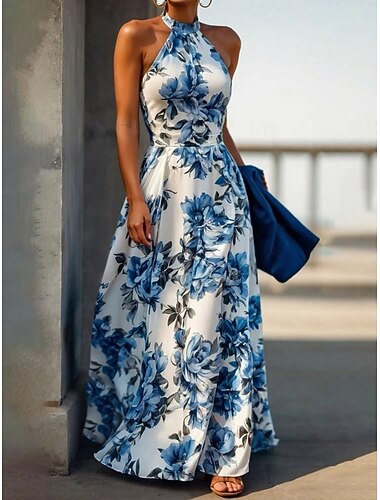  Damen Maxikleid A Linie Kleid Halterkleid Urlaub Lässig Outdoor Ausgehen Lässiger Schnitt Blumen Ärmellos Neckholder Blau Sommer Frühling