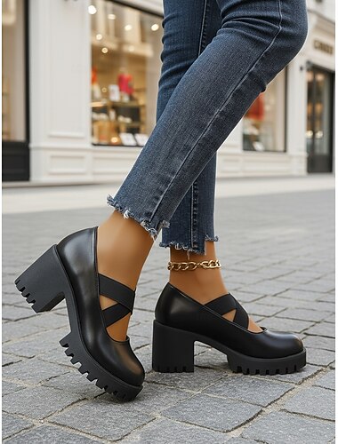  أحذية نسائية سوداء بكعب سميك ومنصة وحزام متقاطع - أحذية عمل مريحة وعصرية للمكتب والتنقل والارتداء اليومي