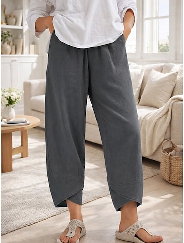  Damen Hose aus Baumwollleinen Weites Bein Chinos Sommerhose Urlaub Streetwear Basic Knöchellang Mittlere Taillenlinie Einfach Tasche Bequem Komfort Unelastisch Täglich Outdoor Urlaub Weinrot Grau