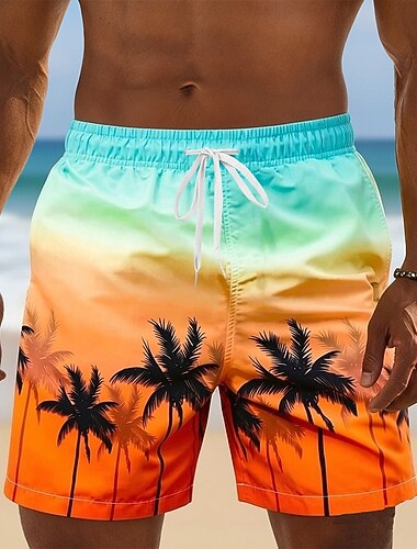  Hombre Árbol de coco Degradado de color Plantas tropicales Boxers de Natación Pantalones de Natación Pantalones de Surf Media cintura Hawaiano vacaciones en la playa Bolsillos laterales Forro de