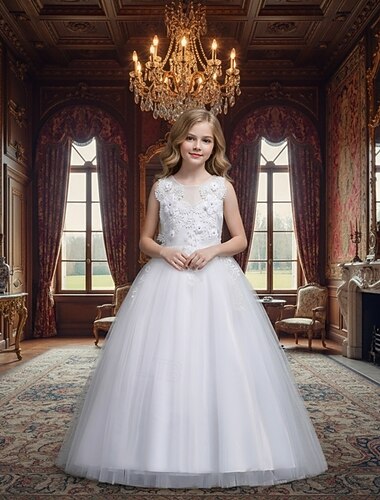  Bloemenmeisjesjurk Voor meisjes Formele kleding Trouwkleding Feest Bruiloft Formeel Modieus Formeel Zoet Eerste communiejurk Geborduurd Netstof Effen Kleur Mouwloos Strakke ronde hals blauw Wit 4