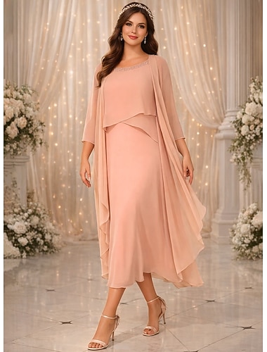  Zweiteilig A-Linie Tee-Länge Kleid für Hochzeitsgäste Brautmutterkleid Dreiviertelarm Juwelenhals Elegant Vintage Hochzeitsfeier Chiffon mit Perlenstickerei