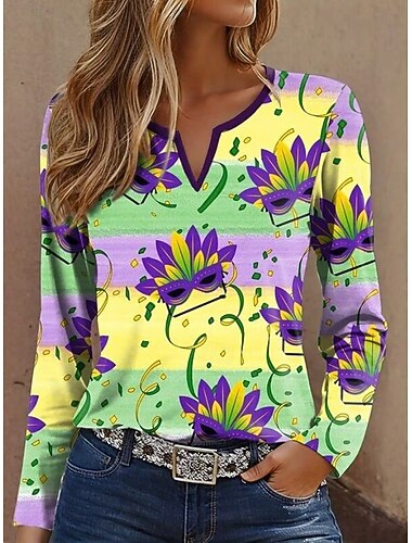  Karnival Mardi gras Dam T-shirt Mönster Grafisk Geometrisk Vintage Stylish Klassisk Långärmad V-hals Naggad hals Vanliga toppar Dagligen Helgen Gul Purpur Grön Vår Vinter