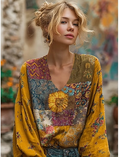  Blouse Boho Femme Lin Comme Respirante Légère Florale Élégante Bohême Tropicale Manches Longues Col V Tops Réguliers Quotidiens Vacances Imprimé Patchwork Boutons Jaune Bleu Clair Printemps