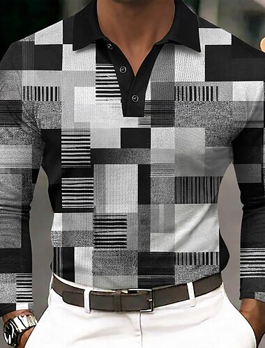 Homme Bloc de Couleur Géométrique Chemises Polo Gaufre manche longue Polos Chemises à Col Vêtement décontracté de travaile Affaires Tenue de travail Tenue quotidienne Boutons Printemps Automne Bleu