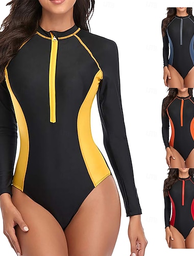  Mulheres Maiô Rashguard Retalhos Zíper Frontal Proteção Solar UV UPF50+ Secagem Rápida Manga Longa Body Roupa de banho Surfe Praia Esportes Aquáticos Verão