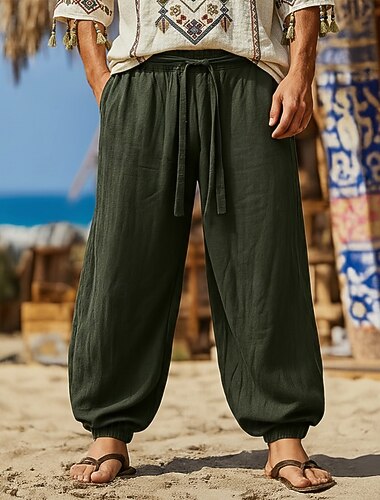  Homme Pantalons en Lin Pantalon d'été Pantalons Amples Manchette Elastique Uni Confort Respirant Longueur complète Occasionnel Quotidien Extérieur Vacances ancien Vert Véronèse Rouge Non Elastique