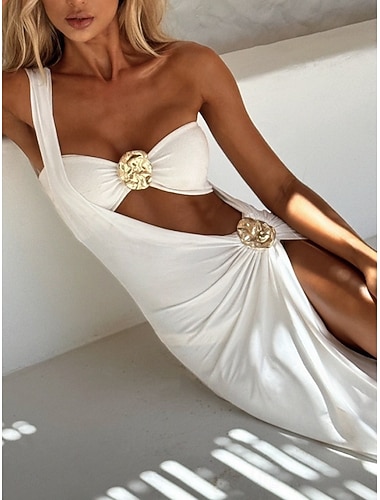  Damen Badeanzug Bikini Dreiteilig Freche Unterhose Bademode Schlank Rückenfrei Elegant Urlaub Einfarbig Asymmetrischer Ausschnitt Ärmellos Badeanzüge