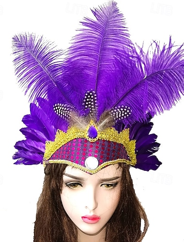  Karneval 2026 Rio karneval samba tilbehør lilla strutsfjær hodeplagg for kvinner - paljett strass hodeplagg - karneval showgirl Mardi Gras kostyme Brasil festival forestillingskostyme