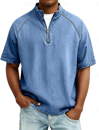  Męskie Koszula ze 100% bawełny Acid Wash Koszulka Krótki rękaw Kołnierz stawiany Jesień i zima Wiosna Jesień Równina Zabytkowe Moda miejska Codzienny Zapiąć na zamek błyskawiczny Farbowane ubranie