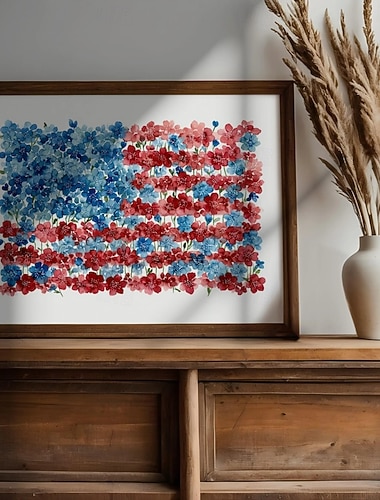  Rustikk Blomster Amerikansk Flag Print - Vannfarge Patriotisk Veggkunst Cottagecore Landhus Dekor Festlig Botanisk Maleri