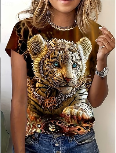  Dame T skjorte Trykt mønster Grafisk Dyr Årgang Stilfull Klassisk Kortermet Crew-hals Vanlige topper Daglig Helg Svart Hvit Gull Sommer Vår Høst