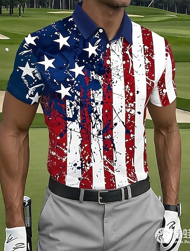  4. Juli 2026 250. Herren Amerikanische US-Flagge Golf Sport-Poloshirts Kurzarm Polo-Shirts Hemden mit Kragen Lässig Athleisure Knöpfe Frühling & Sommer Blau