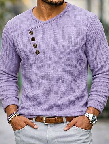  Herren Hemd Waffelhemd Popover-Hemd Kleidhemd Freizeithemd Schwarz Weiß Marineblau Purpur Langarm Einfach Asymmetrisch V Ausschnitt Lässig Hochzeit Bekleidung Elegant Mode Geschäftlich Modern