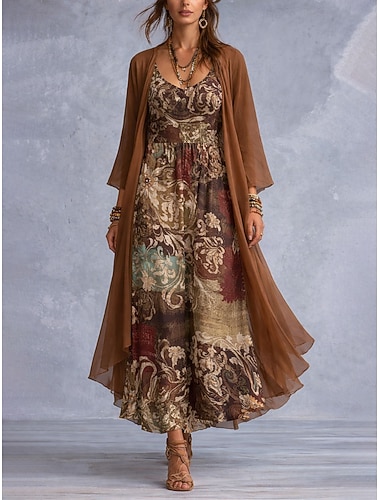  Damen Kleid-Set A Linie Kleid Urlaub Boho Grafik Paisley-Muster Geschichtet Druck Maxikleid Dreiviertelarm V Ausschnitt Täglich Urlaub Blau Rosa Braun Sommer Frühling Normale Passform