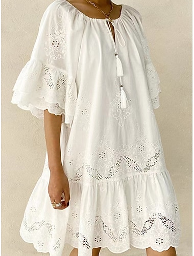  Mujer Vestido Midi Vestido de encaje blanco Elegante Moda Moderno Exterior Vacaciones Noche Delgado Plano Manga Corta cuello partido Blanco Verano Primavera