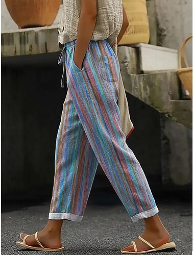  女性用 フェイクコットンリネン スラックス サマーパンツ カジュアル 全長 足首丈 ナチュラルウエスト ストライプ 幾何学的な ポケット プリント 弾性巾着デザイン 快適 履き心地よい 伸縮性なし バケーション フォーマル ストリート ブルー グレーグリーン バイオレット 夏 春 レギュラー