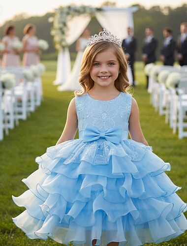  フラワーガールドレス 女の子 フォーマルドレス 結婚式の服装 パーティー 結婚式 フォーマル 愛らしい プリンセス 美しい パッチワーク メッシュ 純色 ノースリーブ クルーネック ピンク スカイブルー 4年以上