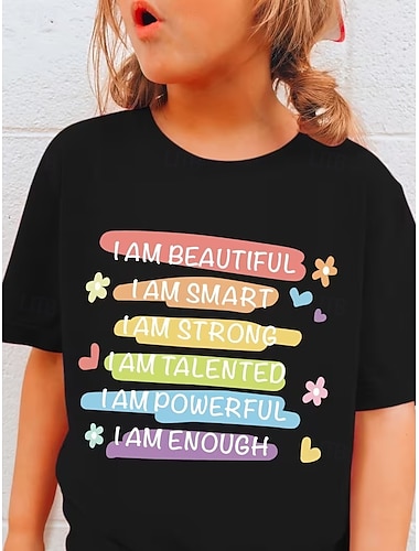  100 % bomull Barn Flickor Svart Text T-shirt Rund hals Kortärmad Semester Sport & Utomhus Vardag Mode Streetwear Ledigt Tryck Sommar