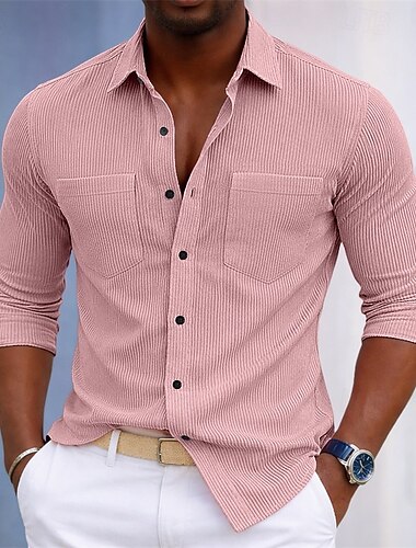  Herren Hemd Textur Freizeithemd Cordhemd Knopfhemd Blau Rosa Purpur Braun Dunkelblau Langarm Einfach Hemdkragen Lässig Täglich Fronttasche Bekleidung Elegant Mode Lässig