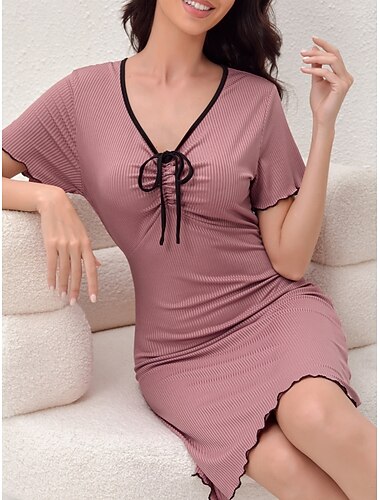  Per donna Set Pigiama Casual Comfort Colore Puro Coulisse Quotidiano Casa Manica Corta Scollo a V Rosa Estate Primavera Vestibilità regolare