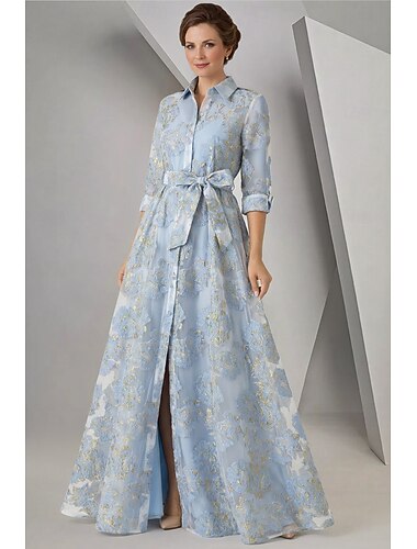  A-Linie Bodenlang Hemdblusenkleid Abendkleid Brautmutterkleid Langarm Hemdkragen Elegant Vintage Hoher Schlitz Formell Jacquard mit Schleife(n) Blume