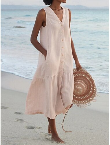  Damen Midikleid Shiftkleid Sommerkleid Lässig Täglich Lässiger Schnitt Einfach Ärmellos V Ausschnitt Blau Weiß Hellgrün Rosa Sommer