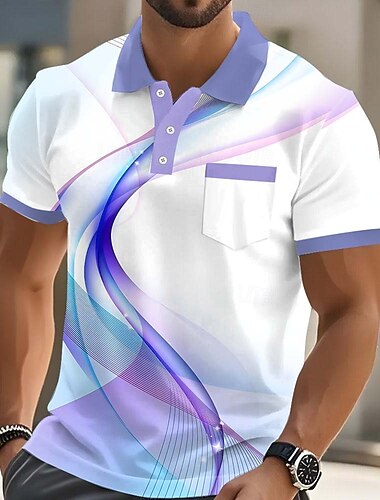  Voor heren Geometrisch Lijn Polo Korte mouw Poloshirt Overhemden met kraag Casual Buiten Sportkleding Alledaagse kleding 3D-afdrukken Knop Zomer Lente blauw Geel Paars