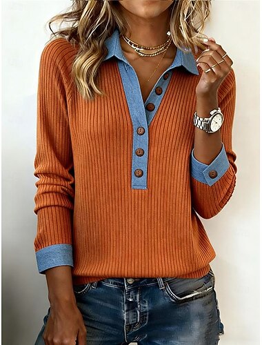  Mulheres Pólo Camiseta Moletons Botões Punk Ativo Vintage Manga Longa Colarinho polo Lapela Tops regulares Casual Casa Trabalho Azul Preto Laranja Verde Caqui Primavera Outono Inverno