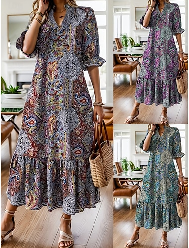  Damen Midikleid Blumenkleid Druckkleid Mode Modern Outdoor Urlaub Ausgehen Lässiger Schnitt Blumen Halbarm V Ausschnitt Blaugrün Rote Purpur Sommer Frühling