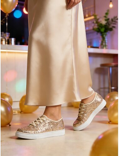  נעלי ספורט שרוכים נצנצים מזהב - נעליים מסוגננות ונוחות לטיולים מזדמנים או אפטר פארטי חתונה