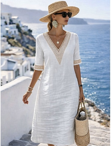  Damen Midikleid Shiftkleid Lässig Straße Ferien Lässiger Schnitt Einfach Halbarm V Ausschnitt Weiß Sommer Frühling Herbst