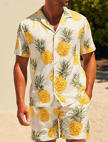  Per uomo Frutta 2 pezzi Set di camicie Camicia Manica Corta Pantaloni corti Colletto cubano Vacanza Casuale Quotidiano Feste Stampa 3D Estate Giallo