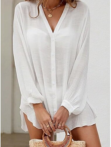  Damen Minikleid Weißes Kleid Strandkleid schwarzes kleid Überwurf Elegant Mode Klassisch Täglich Outdoor Strand Lässiger Schnitt Einfach Langarm V Ausschnitt Schwarz Weiß Sommer Frühling