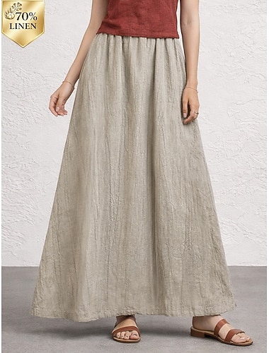  Damen-Leinenröcke aus 70 % Leinen, Baumwoll-Leinen-Röcke, lässige Maxiröcke mit mittelhohem Bund, schlicht, bestickt, mit Tasche, ohne Gummizug, für Alltag und Urlaub, Aprikose, Hellbraun, Frühling/Herbst