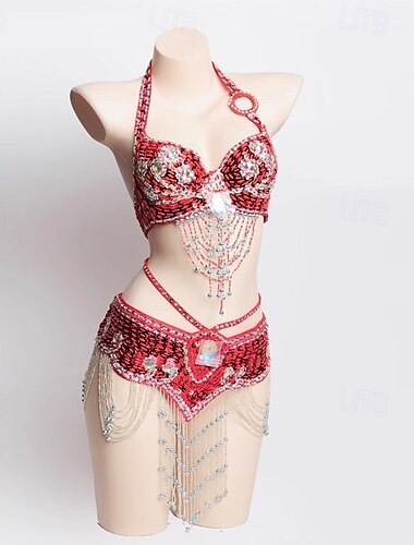  Samba Dancewear Diepblauwe Edelsteen Beaded Ketting Franje Buikdans Set Prestatie Kostuum