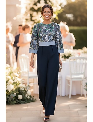  Jumpsuit / Pantsuit Gulvlengde Perlebrodert Formell kjole Kjole til brudens mor Kjole til brudens mor Langermet Crew-hals Elegant Enkel Minimalistisk Formell Bryllupsgjest med Belte / bånd