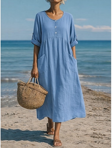  Női vászon hatású hamis pamut len maxi ruha eltolódó ruha nyári ruha laza mindennapi viselet sima hosszú ujjú V nyakú kék fekete sötétvörös nyár tavasz ősz