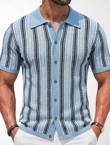  Herren Hemd Textur Freizeithemd Knopfhemd Jacquard-Hemd Blau Kaki Kaffee Kurzarm Vertikale Streifen Hemdkragen Lässig Täglich Fronttasche Bekleidung Elegant Mode Lässig