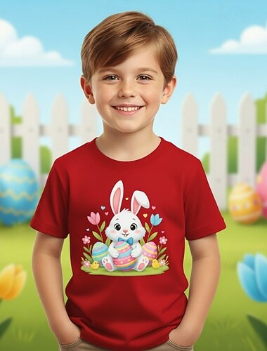  100% katoen Pasen Kinderen Jongens blauw Zwart Wit Grafisch Konijn T-shirt Blouse Strakke ronde hals Korte mouw Casual Dagelijks Buiten Modieus Streetwear Ontwerper Opdrukken Zomer Lente