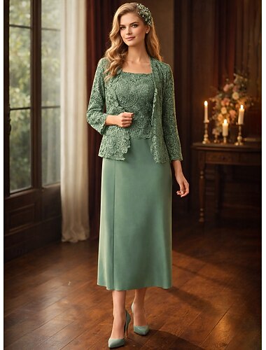  Kleid Sets bodenlang Hochzeitsgastkleid Mutter der Braut Kleid Langarm Rundhalsausschnitt Elegant Einfach Hochzeitsgast mit einfarbig