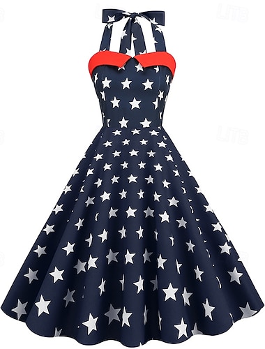  250. rocznica USA Lata 50. Retro / vintage Południe Sukienka huśtawka Halter Rozkloszowana sukienka Bez rękawów Gwiazdki Strój na bal maskowy Damskie 4 lipca Dzień Niepodległości Dla dorosłych