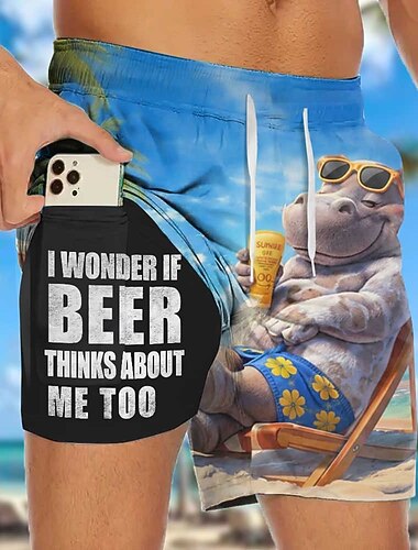  Herren Cartoon Nilpferd Lustiger Slang Gefütterte Shorts 2 in 1 Badeshorts Badeshorts Mittlere Taille Hawaiianisch Ferien Seitentaschen Mit Kompressionsfutter Elastischer Kordelzug in der Taille