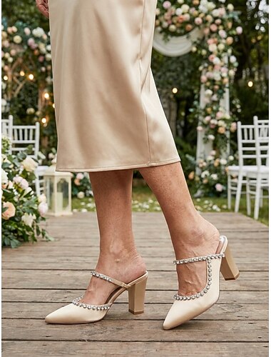  Ivoren pumps met blokhak en strassbandje voor dames, elegante schoenen voor de moeder van de bruid bij een tuinbruiloft.