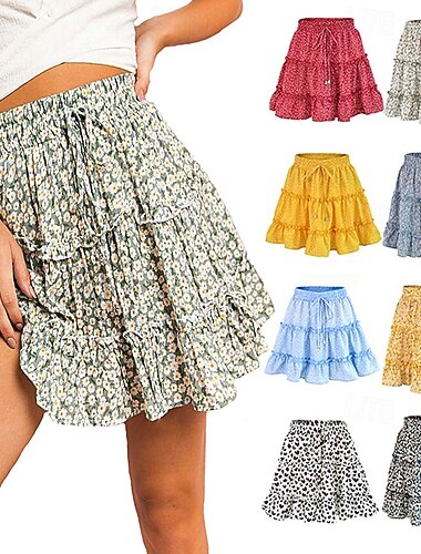  Dames Modieus Casual Mini Medium taille Rokken Flora Met ruches Trekkoord Micro-elastisch Dagelijks Straat blauw Marine Geel Rood Zomer