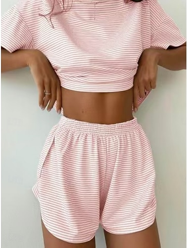 Dames Pyjamaset Casual Comfortabel Streep Elastische taille Korte broek Dagelijks Huis Korte mouw Strakke ronde hals Zwart Blozend Roze Groen Grijs Zomer Lente Ruim Passend