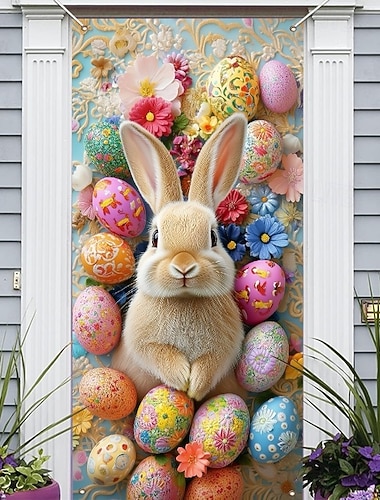  Húsvéti nyuszi ajtótakaró, ünnepi dekoráció színes tojásokkal és virágmintákkal, tökéletes tavaszra, húsvéti ünnepségekre és szezonális kültéri dekorációra